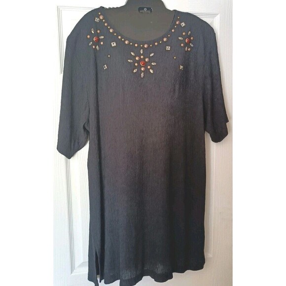 Grove Avenue Crinkled Tunic Top Size 20W Black Beaded Jeweled Stones Vintage USA - Picture 10 of 10